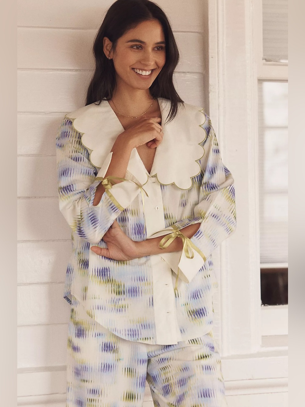 LyreBird Scalloped Collar Buttondown Sleep Set Medium Anthropologie NWT